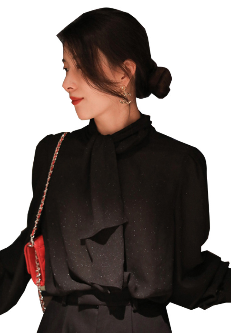 Elegant loose-fitting black belted top CA25110347BK