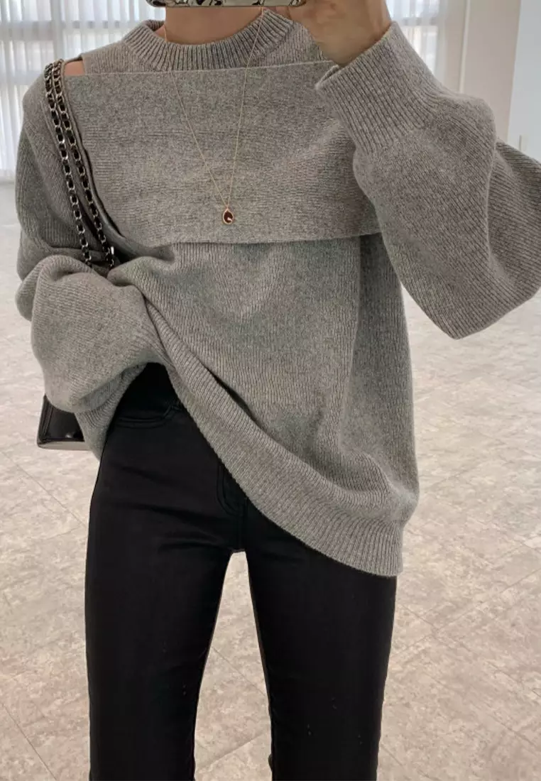 Korean style spliced loose long sleeved knitted sweater CA24092727GY