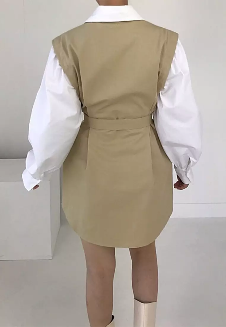 Korean retro lapel contrasting long sleeved dress CA24092734BE