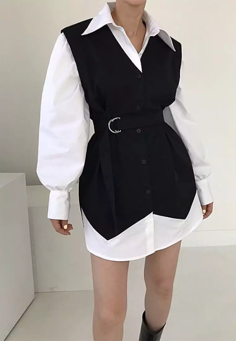 Korean retro lapel contrasting long sleeved dress CA24092734BE