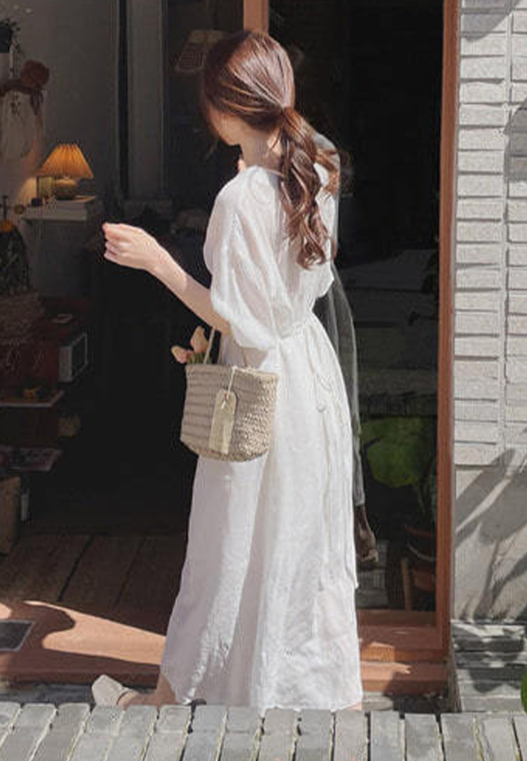 Temperament tied lantern sleeve dress CA25032759BL