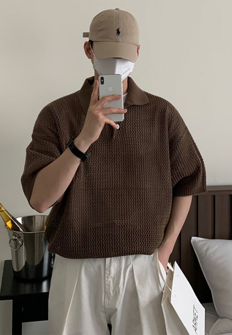 Men's summer Korean knitted hollow lapel short sleeve CA25052348BW