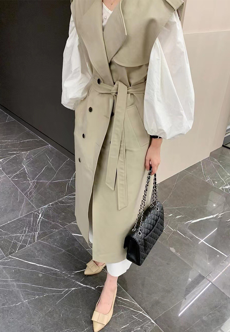 Korean winter retro lace up trench coat jacket CA241128148BK