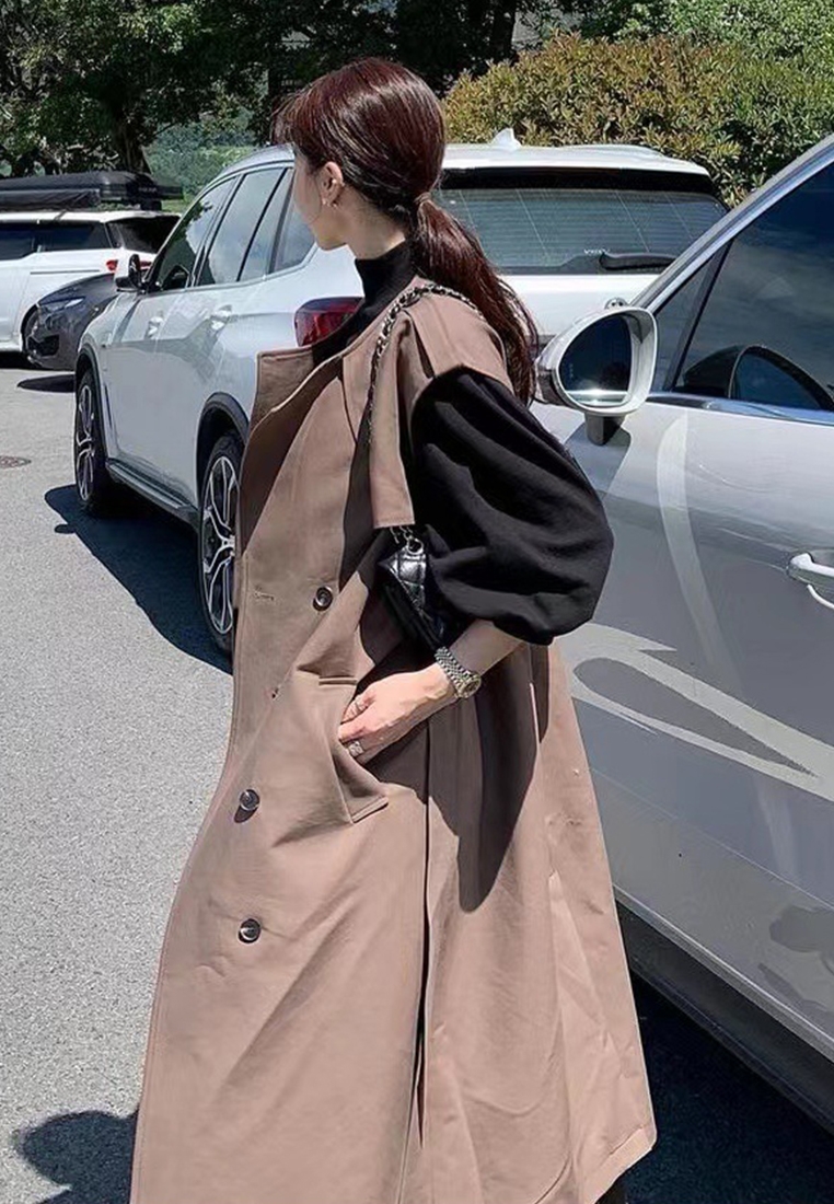 Korean winter retro lace up trench coat jacket CA241128148BK