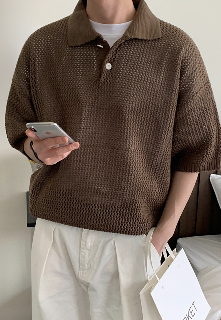 Men's summer Korean knitted hollow lapel short sleeve CA25052348BW