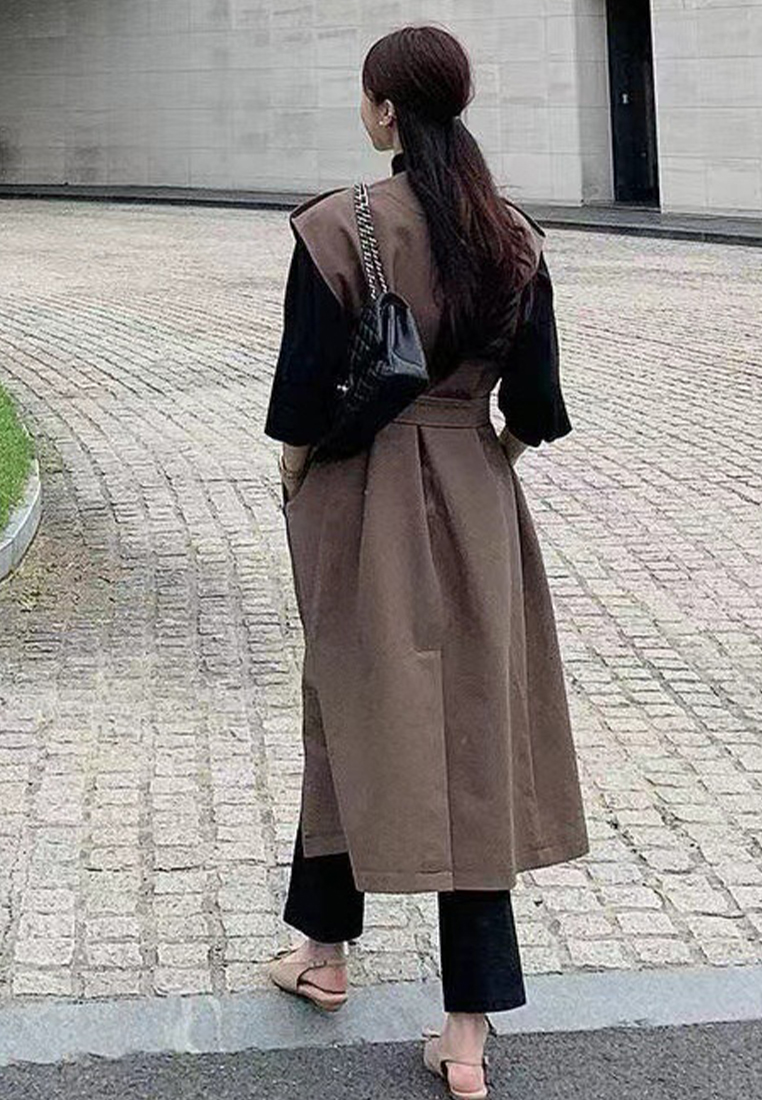 Korean winter retro lace up trench coat jacket CA241128148BK