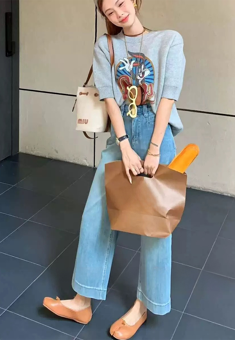 Spring two-button high waist nine-point wide-leg jeans CA25042948BE