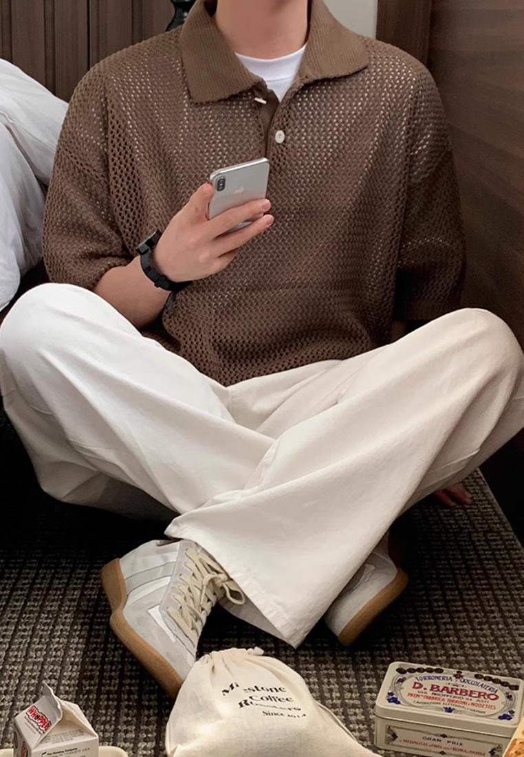 Men's summer Korean knitted hollow lapel short sleeve CA25052348BW