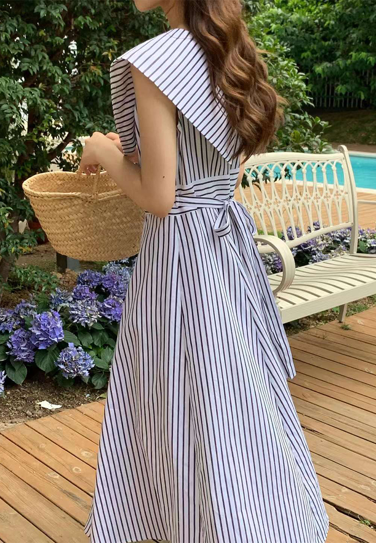 New collar and waist cinching striped dress CA225042248BL