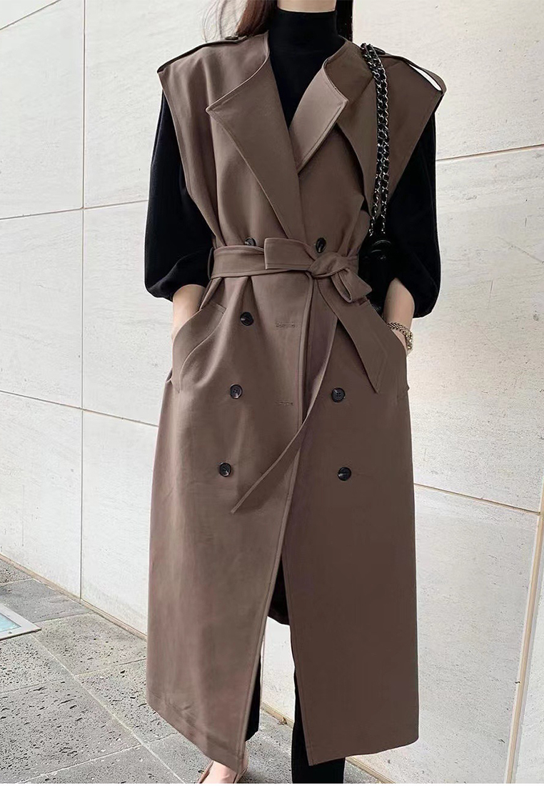 Korean winter retro lace up trench coat jacket CA241128148BK