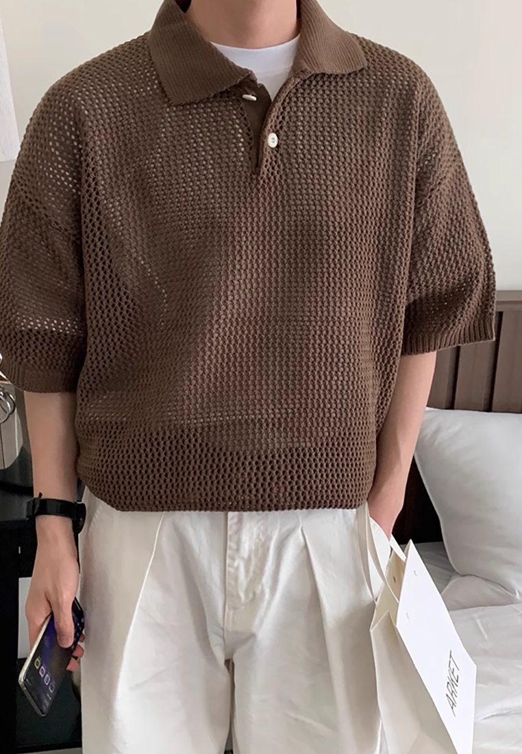Men's summer Korean knitted hollow lapel short sleeve CA25052348BW