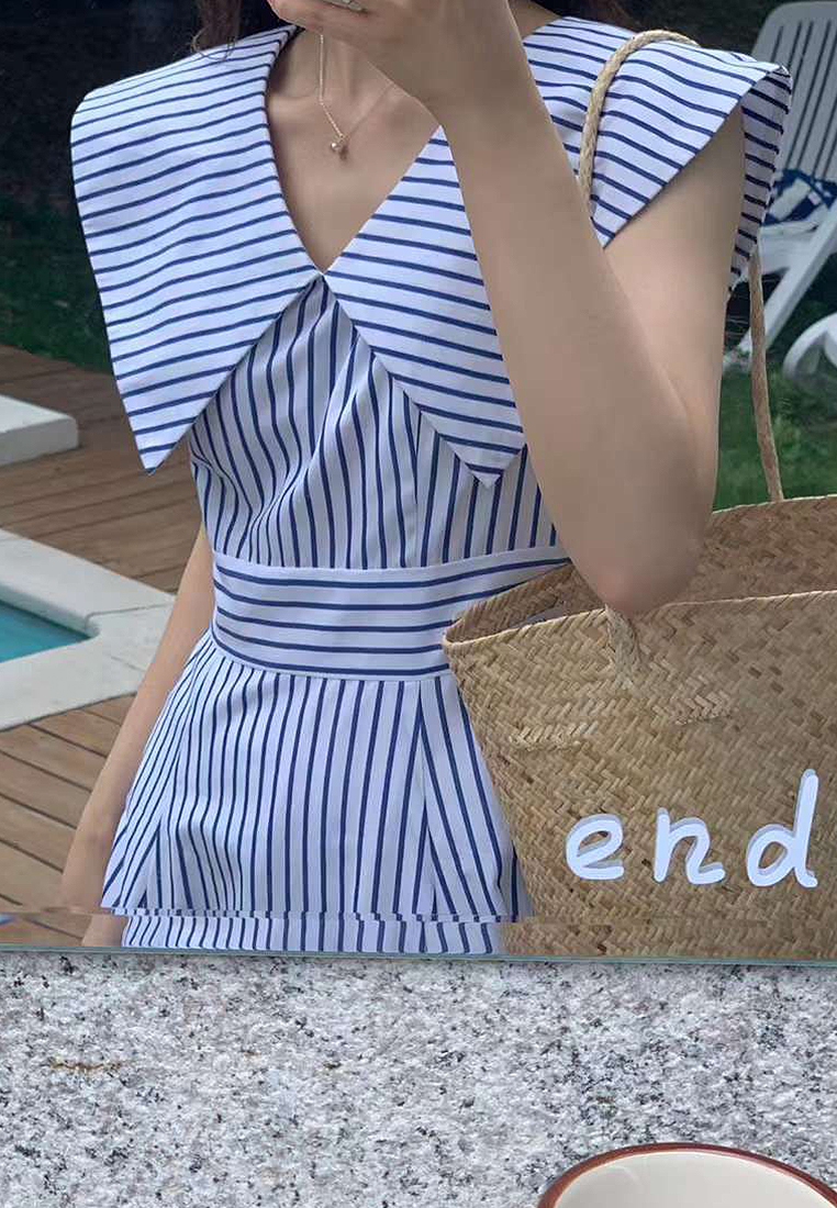 New collar and waist cinching striped dress CA225042248BL