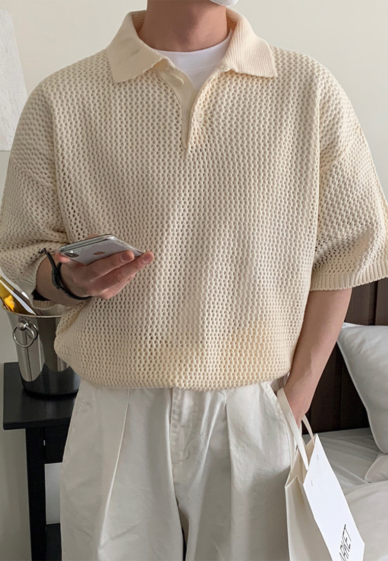 Men's summer Korean knitted hollow lapel short sleeve CA25052348BW