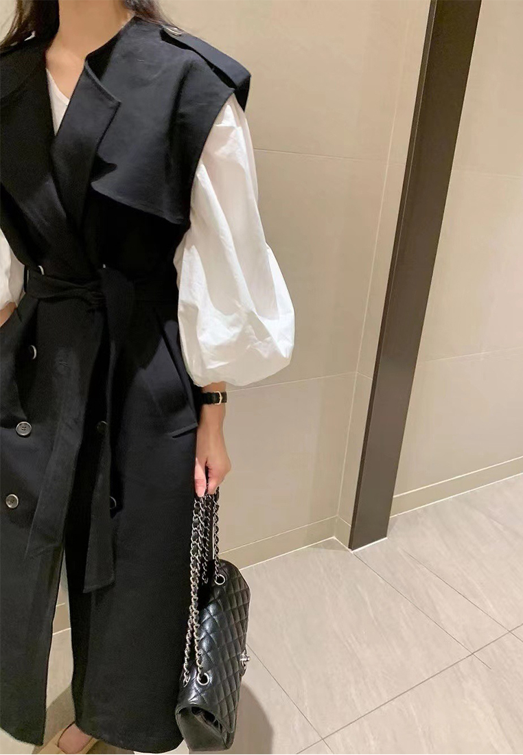 Korean winter retro lace up trench coat jacket CA241128148BK