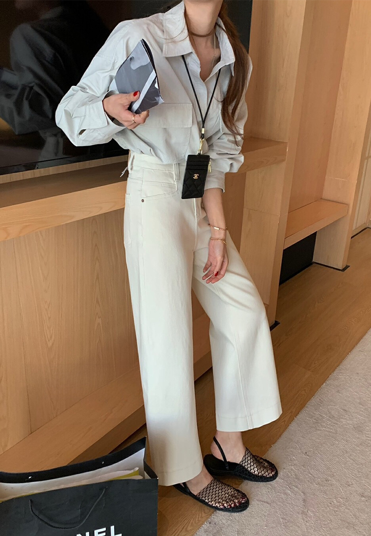 Spring two-button high waist nine-point wide-leg jeans CA25042948BE