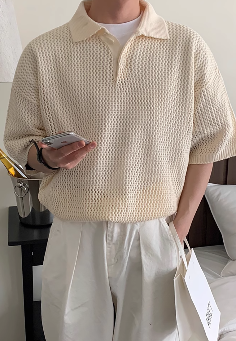 Men's summer Korean knitted hollow lapel short sleeve CA25052348BW