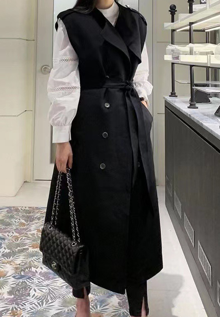 Korean winter retro lace up trench coat jacket CA241128148BK