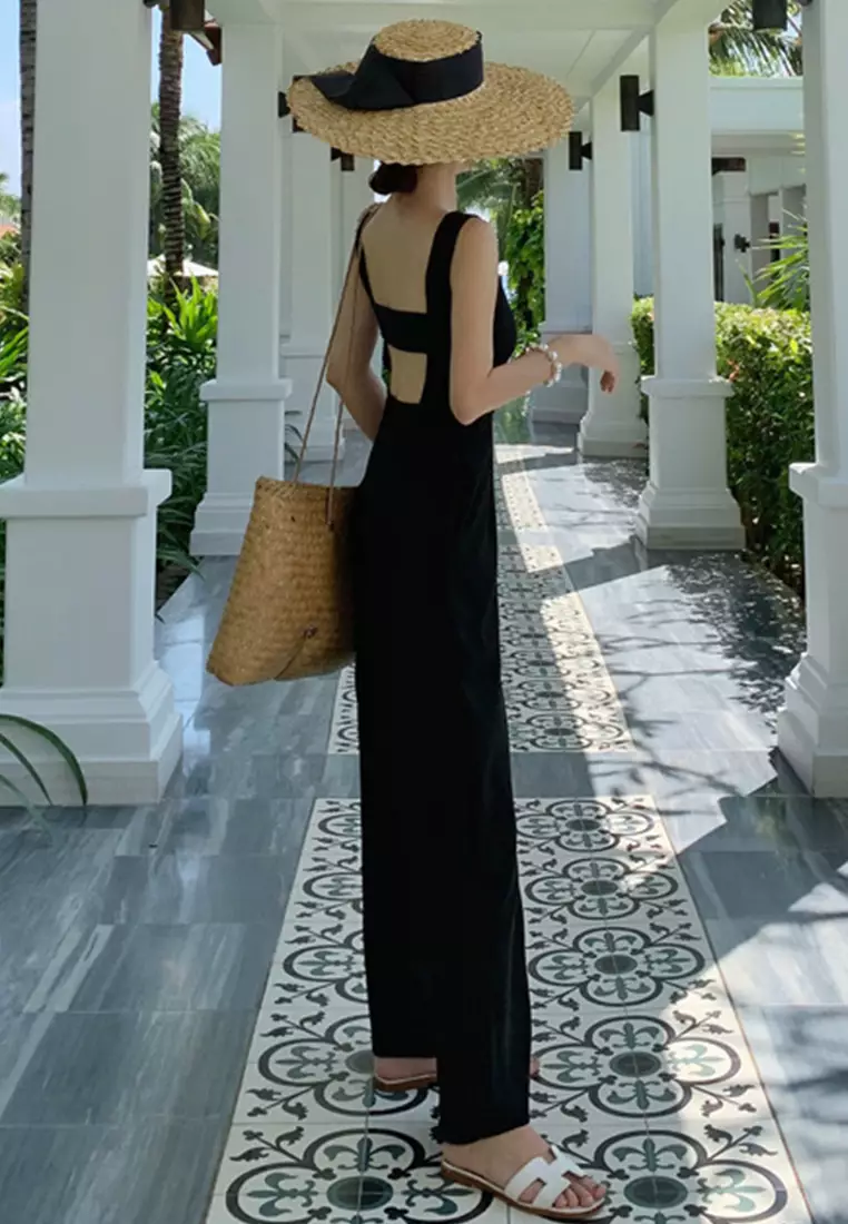Black High Waist Open Back Wide Leg Jumpsuit A22022509