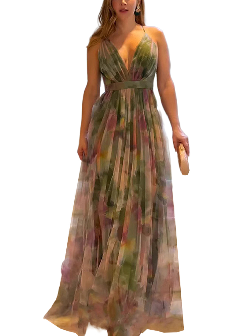 Summer new mesh printed casual camisole dress CA25042249GR