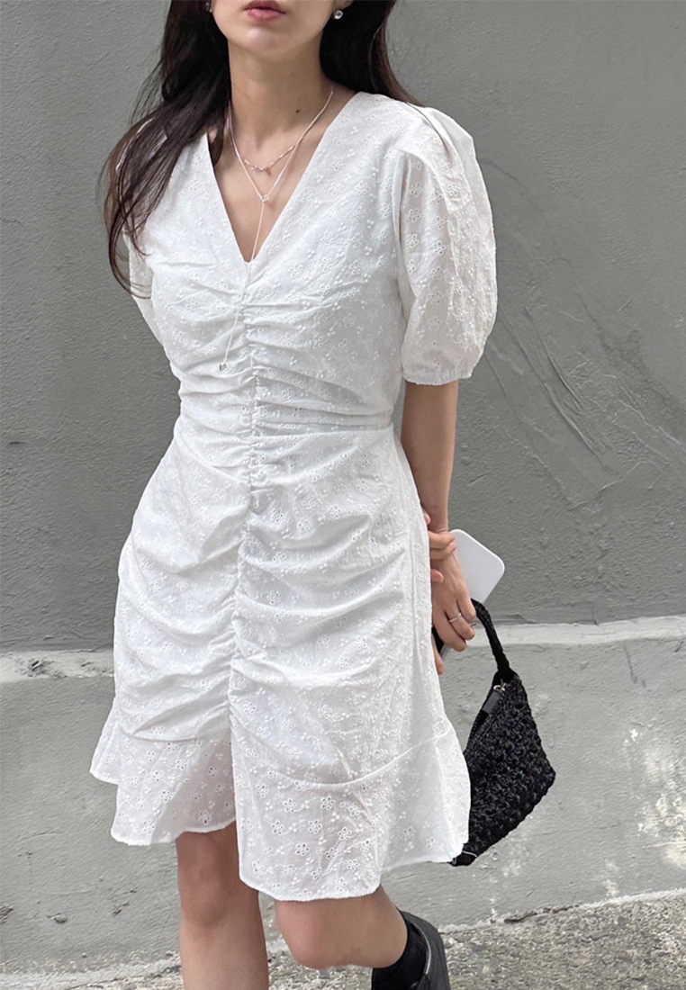 Embroidered Flower Waist Ruffle Dress CA25060349BK