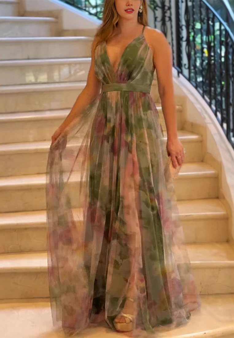 Summer new mesh printed casual camisole dress CA25042249GR