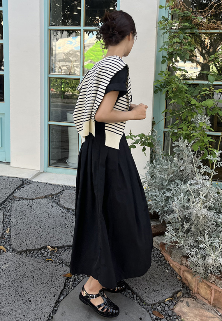 Round neck waist cinching slimming short sleeved dress CA225042249BK