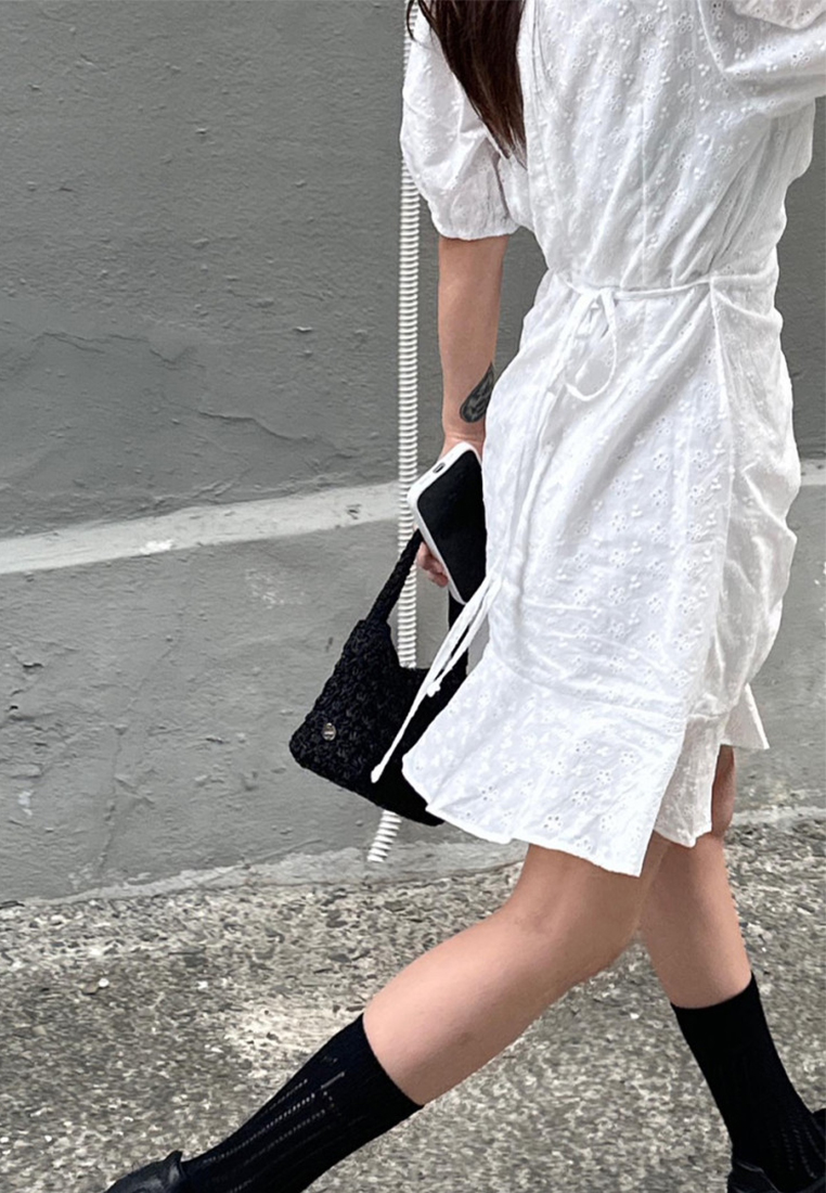 Embroidered Flower Waist Ruffle Dress CA25060349BK