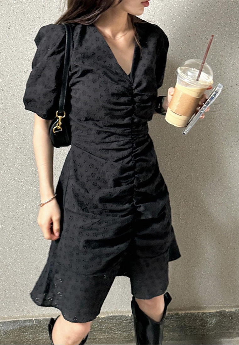 Embroidered Flower Waist Ruffle Dress CA25060349BK