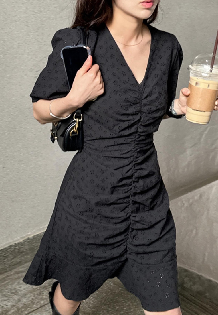 Embroidered Flower Waist Ruffle Dress CA25060349BK