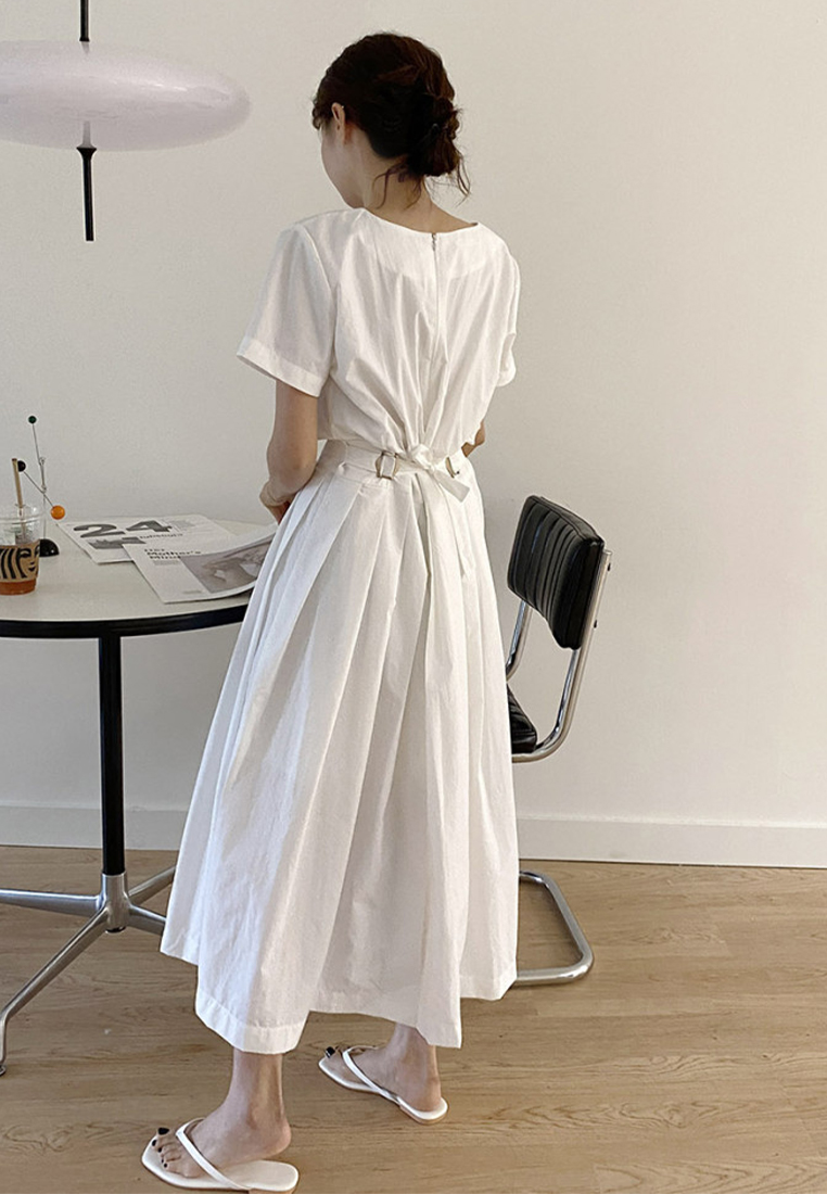 Round neck waist cinching slimming short sleeved dress CA225042249BK