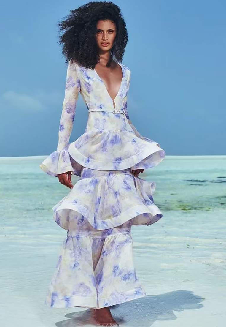 Summer Fashion V-Neck Long Sleeve Printed Dress CA25091456BL