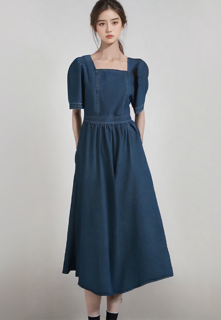 Korean summer retro square neck slimming bubble sleeve dress CA25032725BL