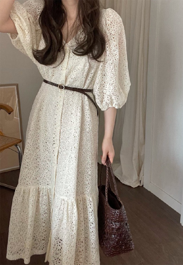 Vintage lace hollow out single breasted dress CA25032752BE