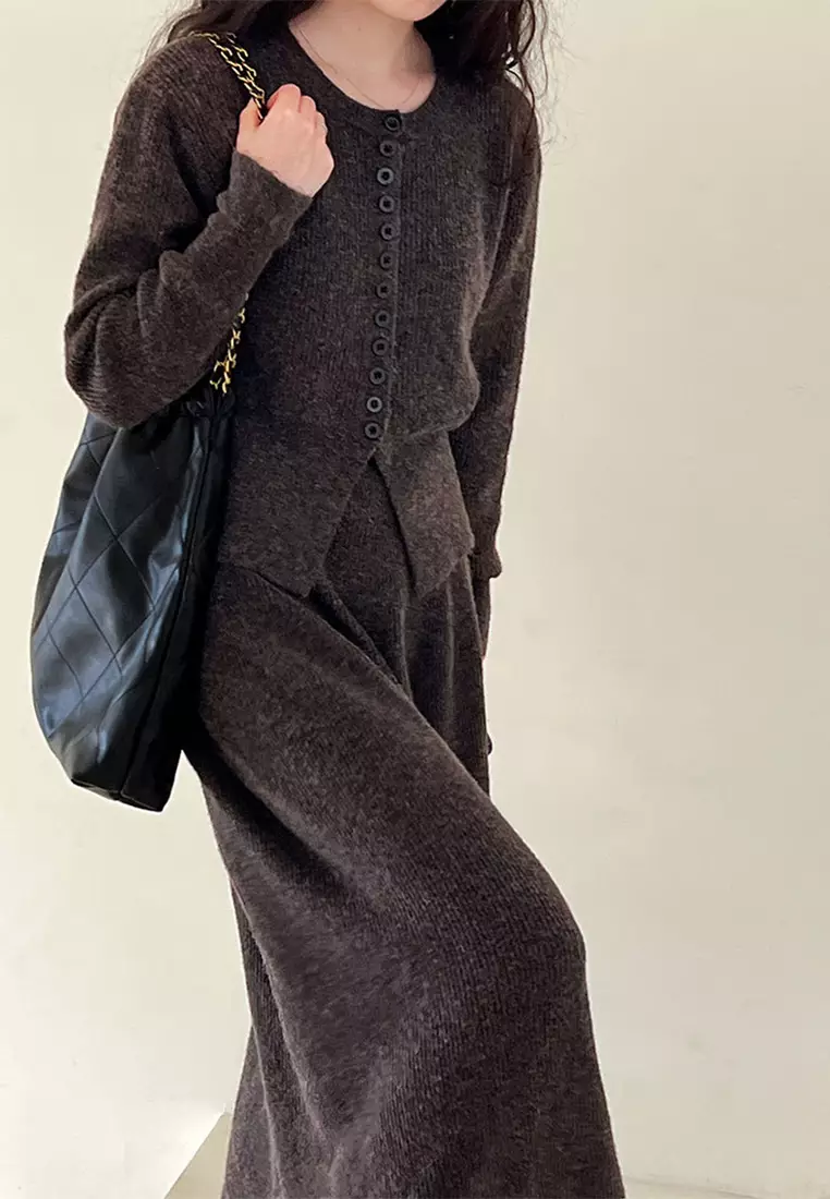 French round neck sweater cardigan skirt set CA24092356GY