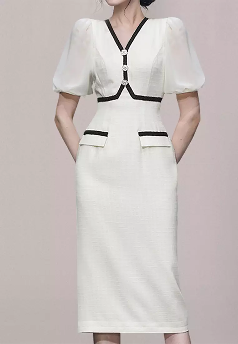 2024 Summer New Fashionable and Elegant V-neck Lantern Sleeve Dress CA061395