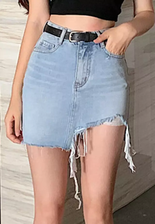 Retro Irregular Tassel High Waist Denim Skirt A21031911BL-M