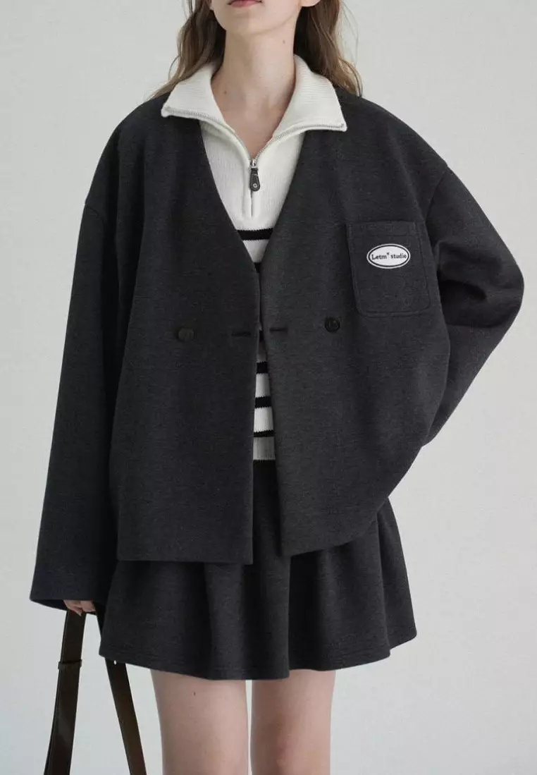 New college style double-breasted V-neck blazer pleated dress set K102308BK