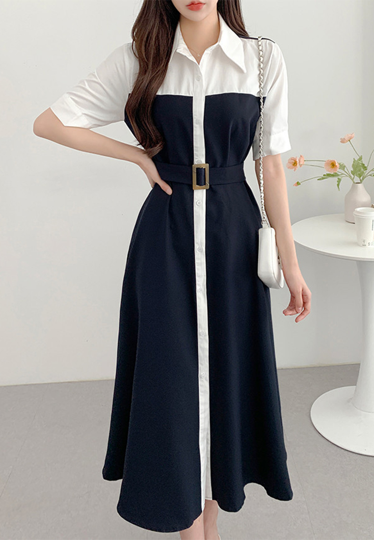 Temperament Splicing Waist Strap Dress CA25032746GR
