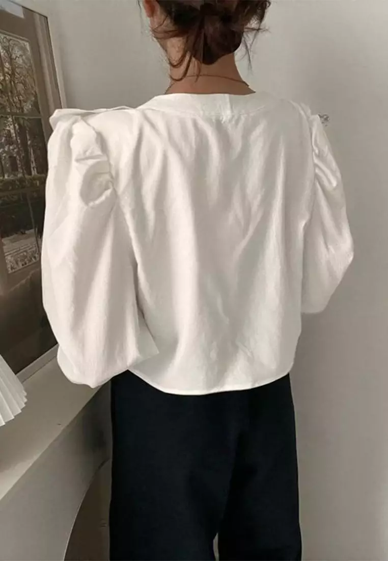 French fashion trumpet sleeve versatile top CA24092743BK