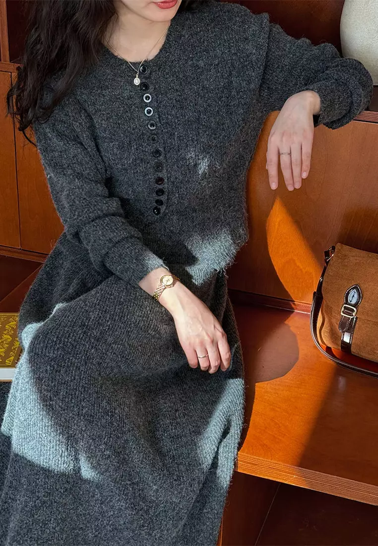 French round neck sweater cardigan skirt set CA24092356GY