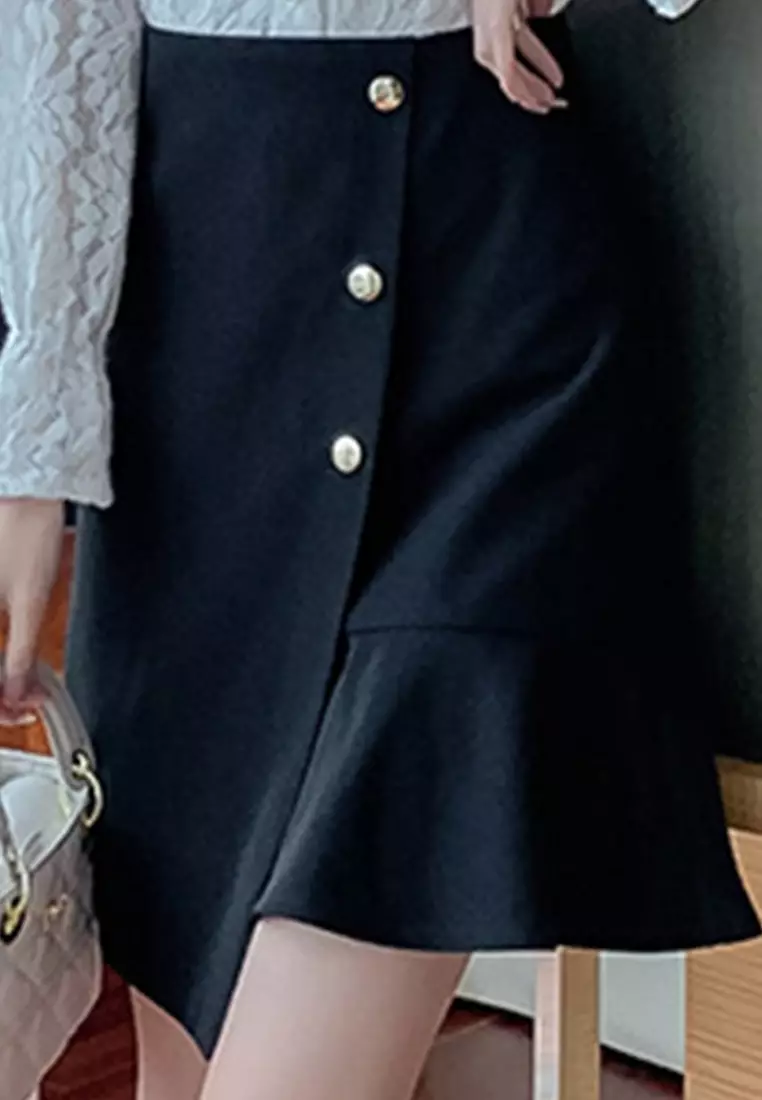 Temperament High Waist Pack Hip Ruffle Skirt A22022521BK