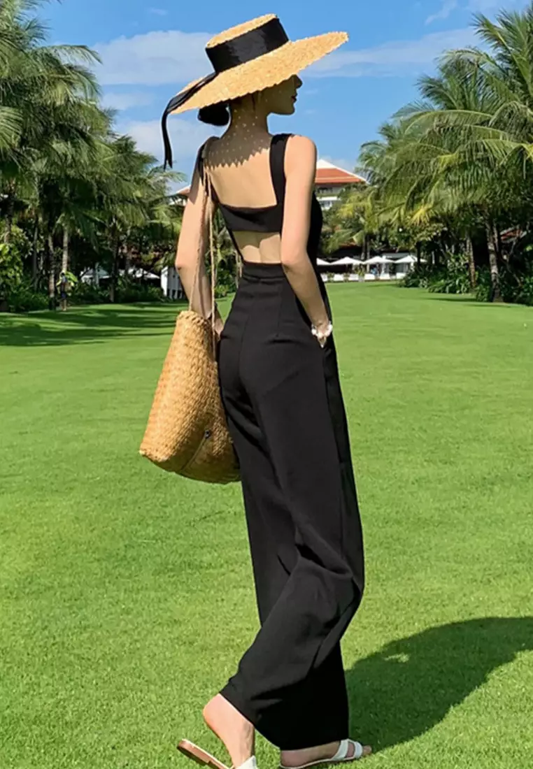 Black High Waist Open Back Wide Leg Jumpsuit A22022509