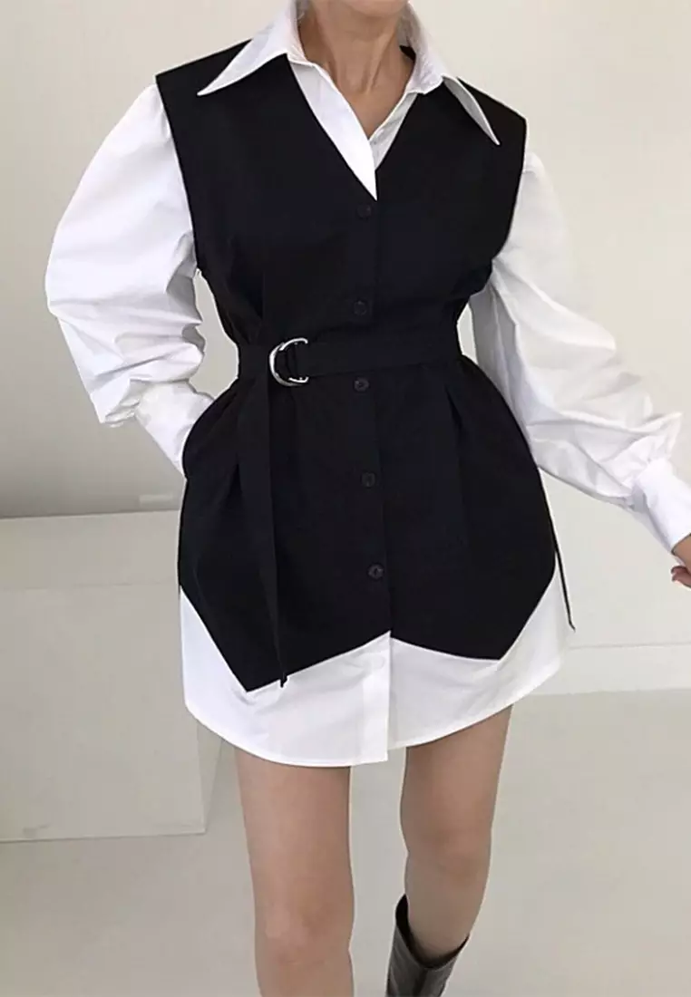 Korean retro lapel contrasting long sleeved dress CA24092734BE