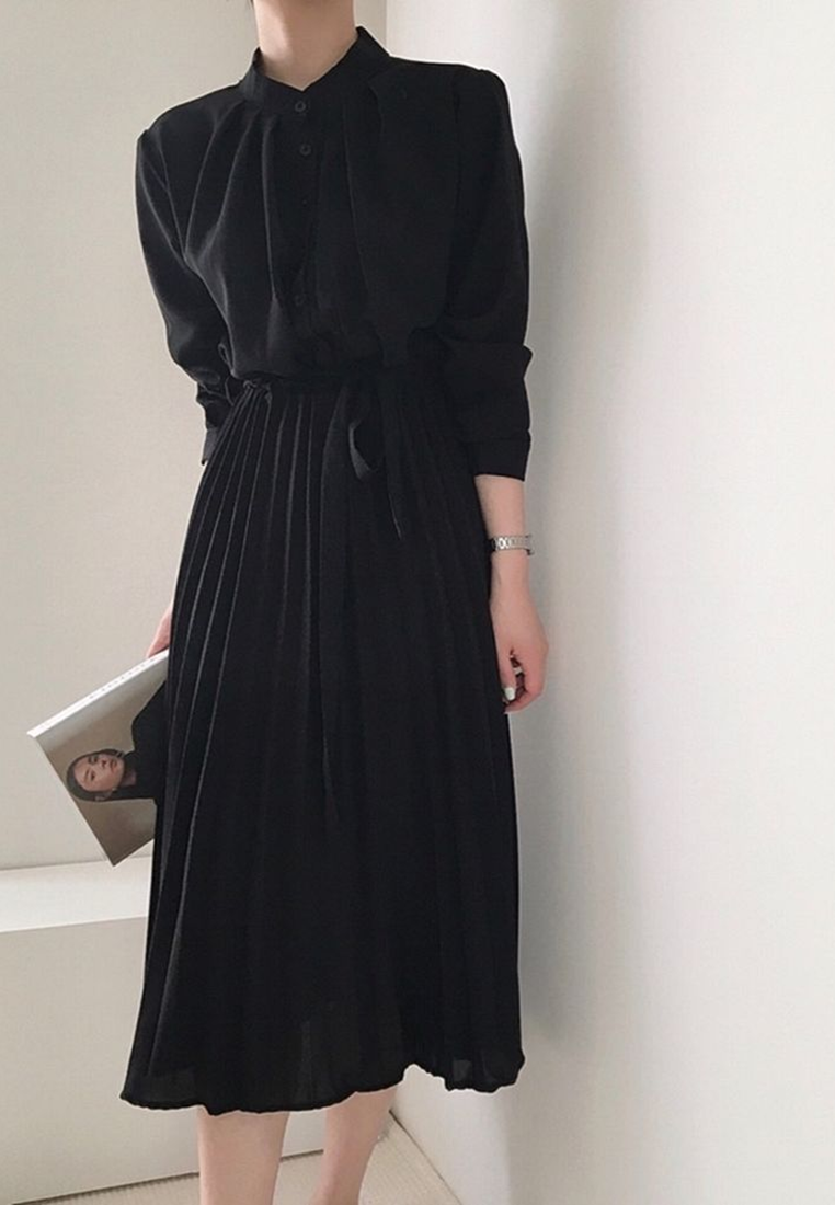 Korean bubble sleeve pleated stand up collar lace up dress CA24092714BK