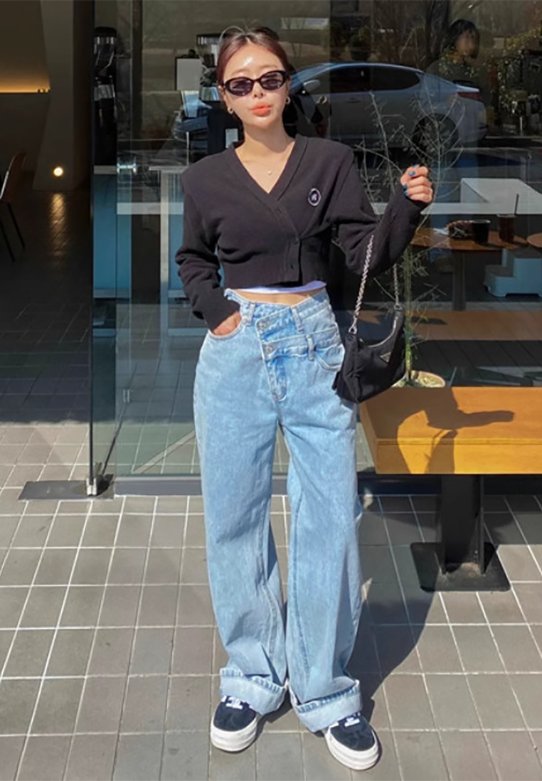 2025 New Asymmetric Slant-Breasted 2-Button Straight Jeans CA25022405BL