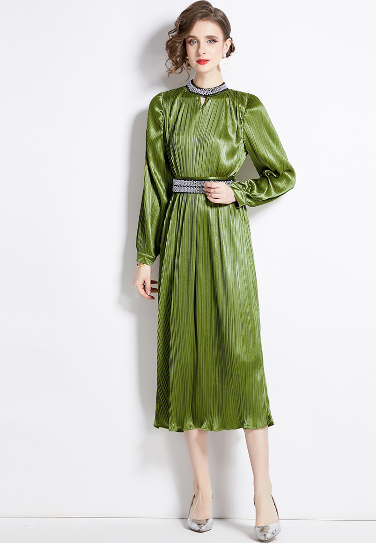 2024 round neck long sleeved nail bead lace up style dress CA24073105RD