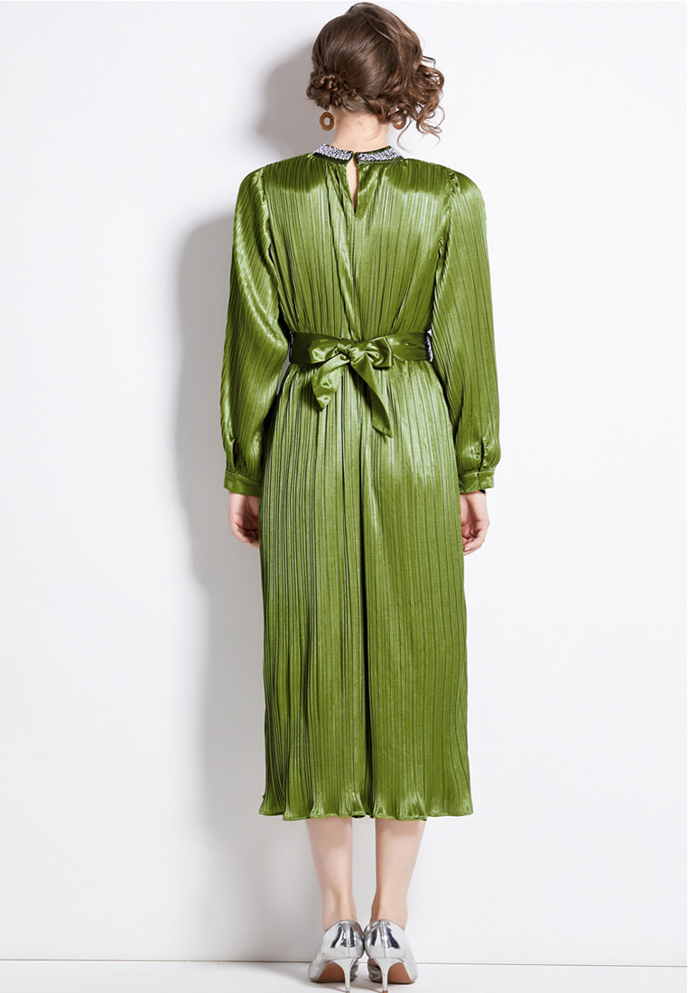 2024 round neck long sleeved nail bead lace up style dress CA24073105RD