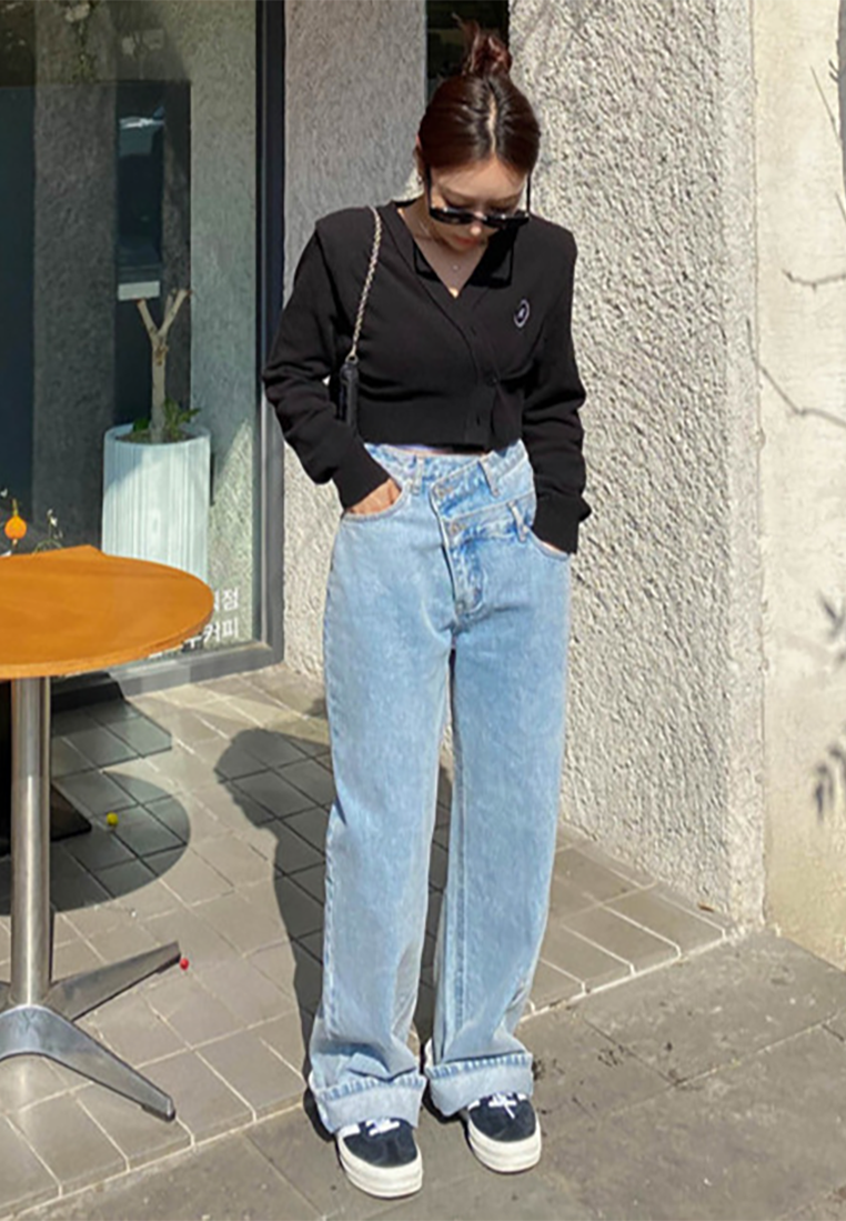 2025 New Asymmetric Slant-Breasted 2-Button Straight Jeans CA25022405BL