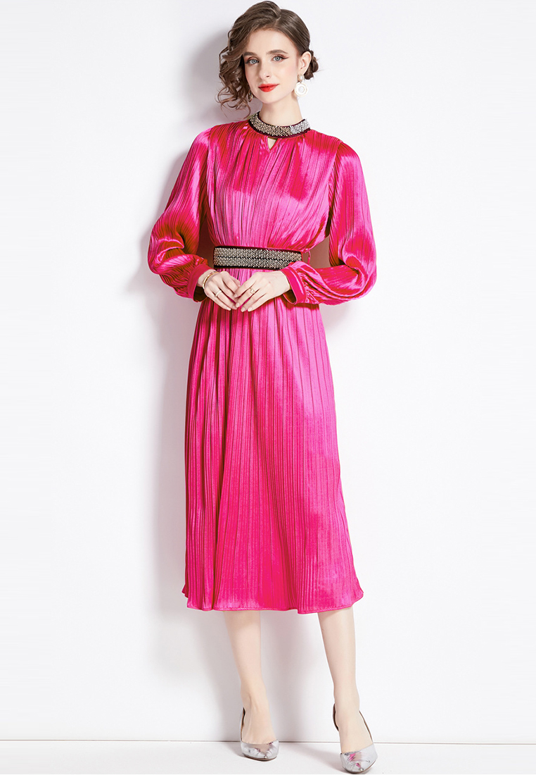 2024 round neck long sleeved nail bead lace up style dress CA24073105RD