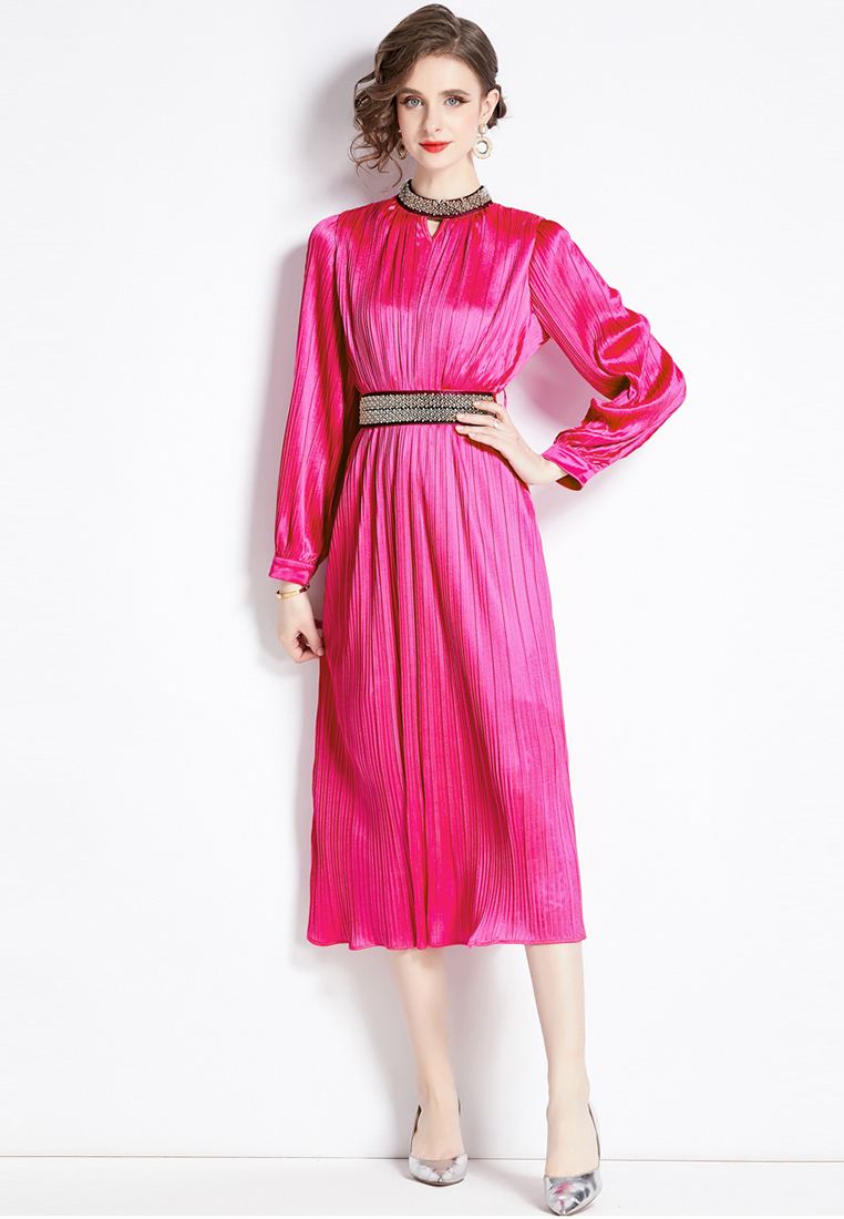 2024 round neck long sleeved nail bead lace up style dress CA24073105RD